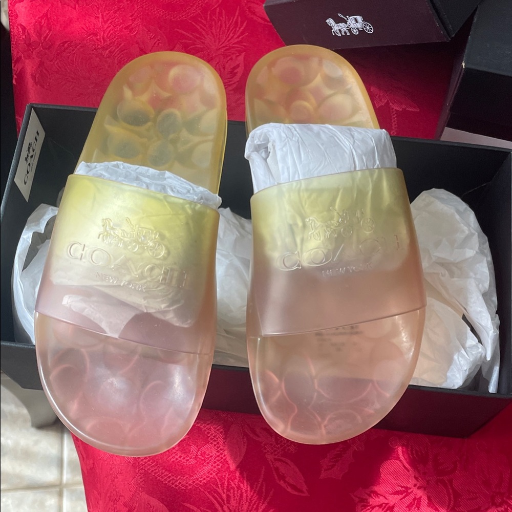 Coach Women's Metallic Gold Slide Sandals